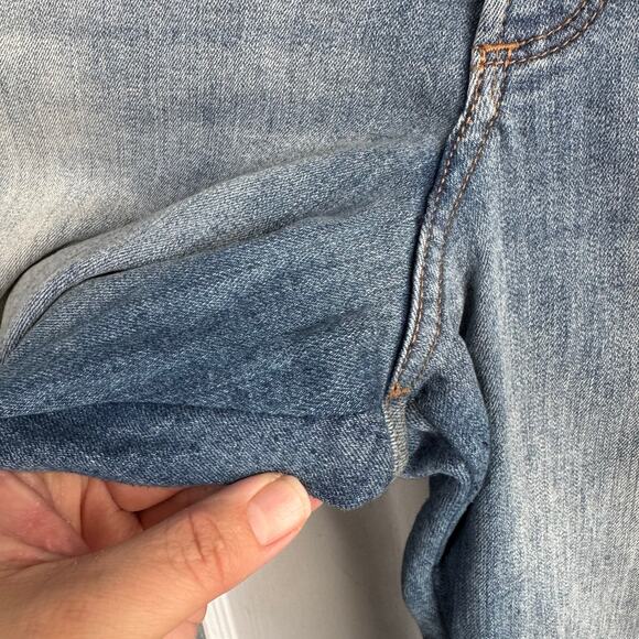 EXPRESS Perfect Curves Leggings High Rise Jeans Blue Side Seam Stripe Raw Hem 12 - Picture 13 of 13